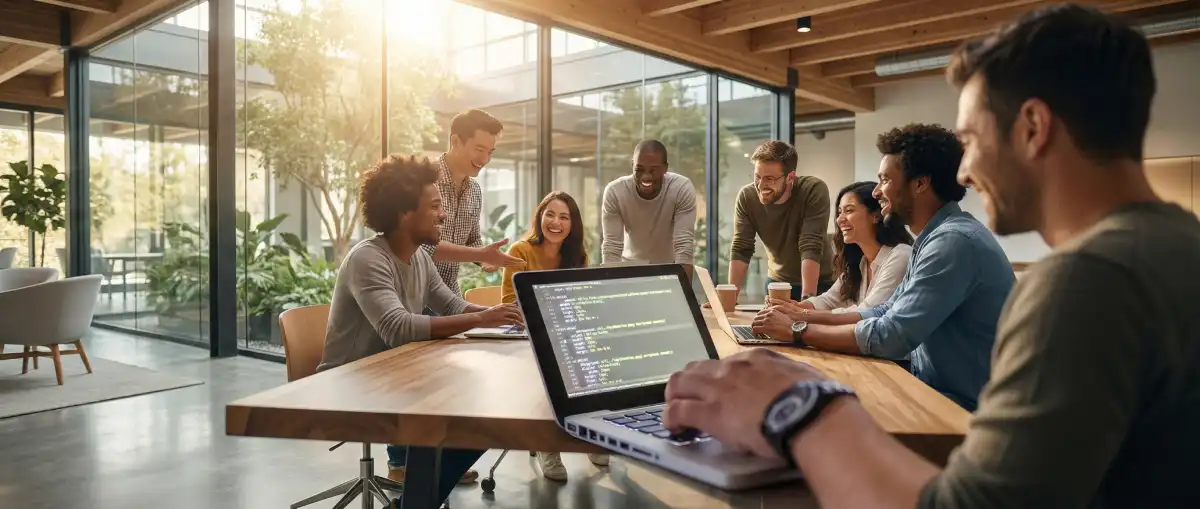 Group of people working happily on their devops job